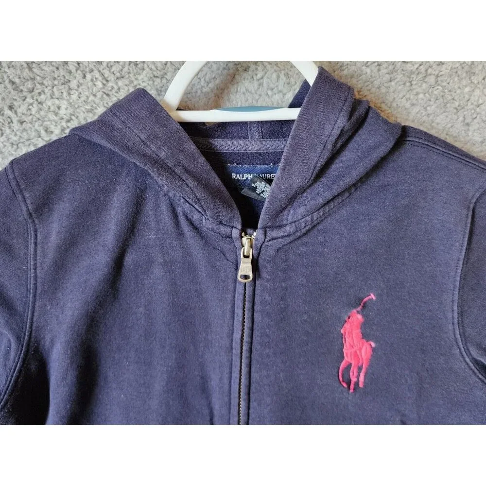Ralph Lauren Girls Full Zip Hoodie Embroidered Big Pony‎ Logo Blue/Pink Size XL